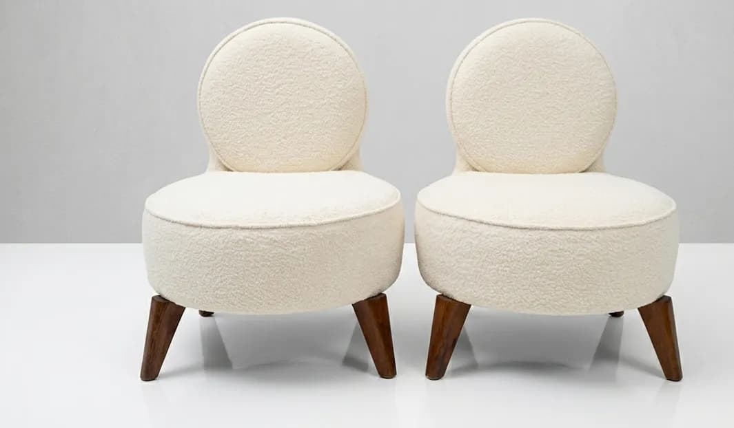 Pristine Pair of Contemporary Slipper Chairs – Luxury Cream Bouclé, Mid-Century