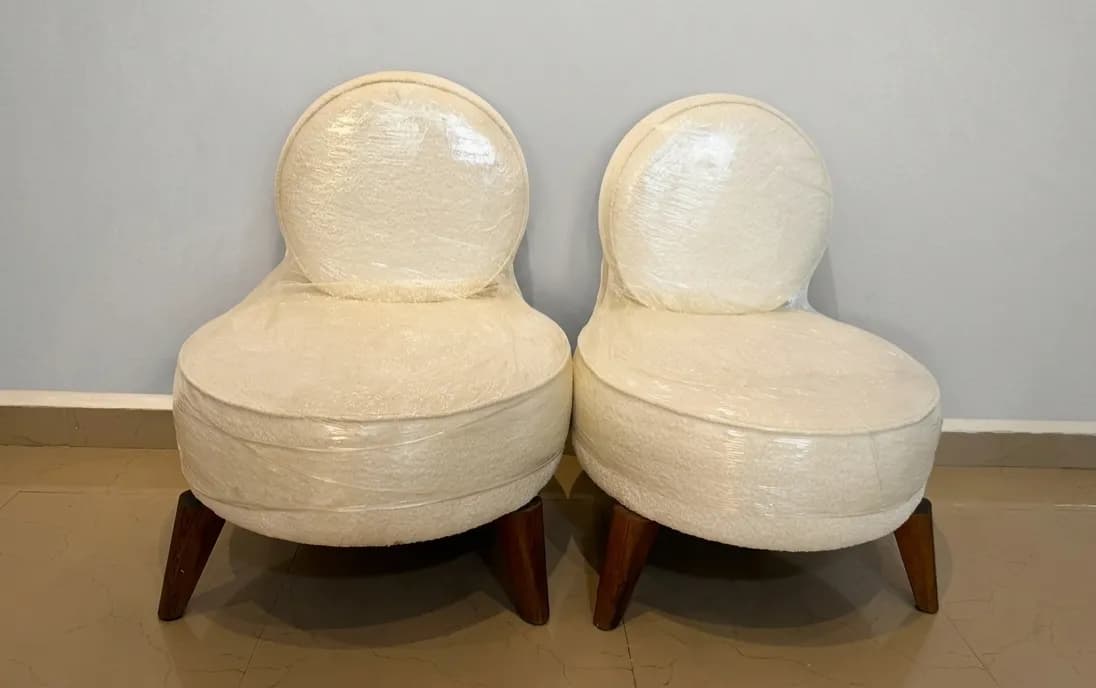 Pristine Pair of Contemporary Slipper Chairs – Luxury Cream Bouclé, Mid-Century — view 2