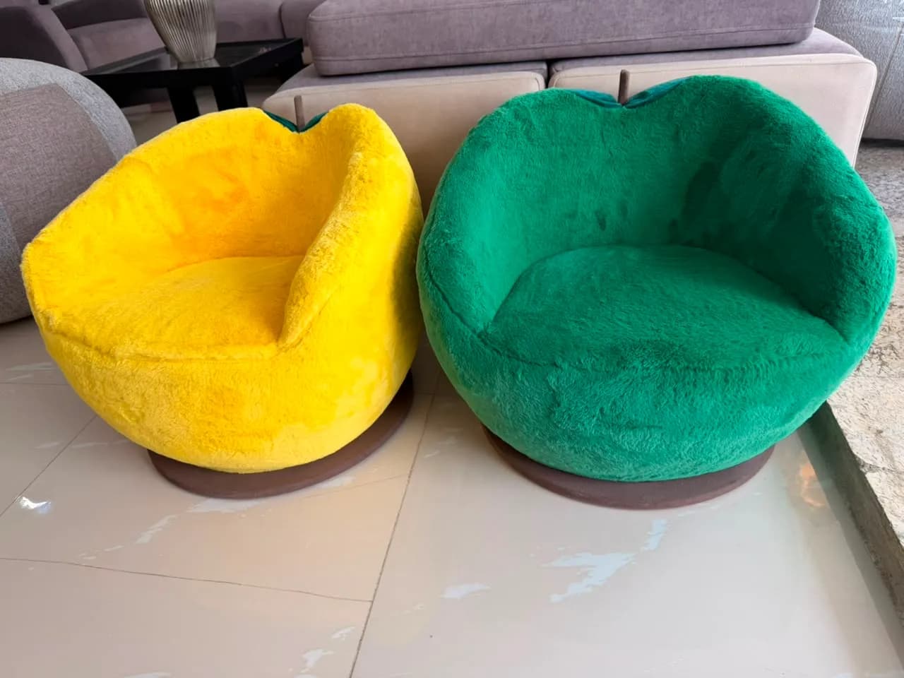 Whimsical Fruit-Inspired Swivel Lounge Chairs (Set of 2) – Vibrant Yellow & Green Plush Accent Chairs – Excellent Condition
