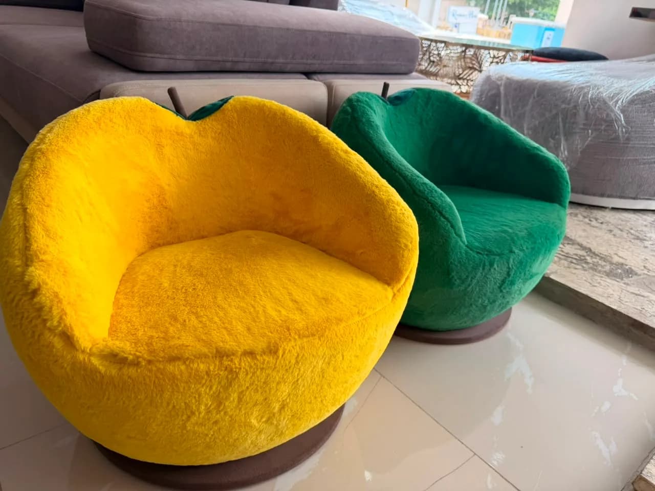 Whimsical Fruit-Inspired Swivel Lounge Chairs (Set of 2) – Vibrant Yellow & Green Plush Accent Chairs – Excellent Condition — view 2