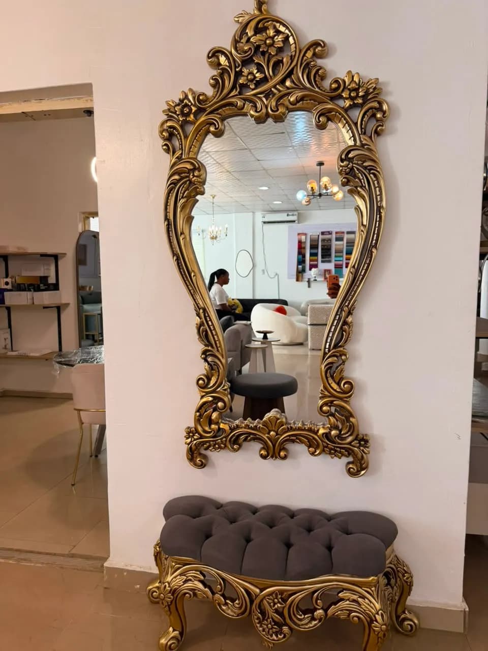 2-Piece Luxury Royal Baroque Set – Ornate Antique Gold Wall Mirror & Matching Tufted Bench — view 2