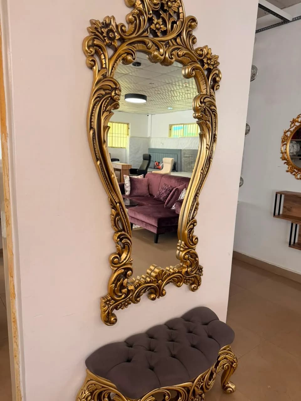 2-Piece Luxury Royal Baroque Set – Ornate Antique Gold Wall Mirror & Matching Tufted Bench — view 3