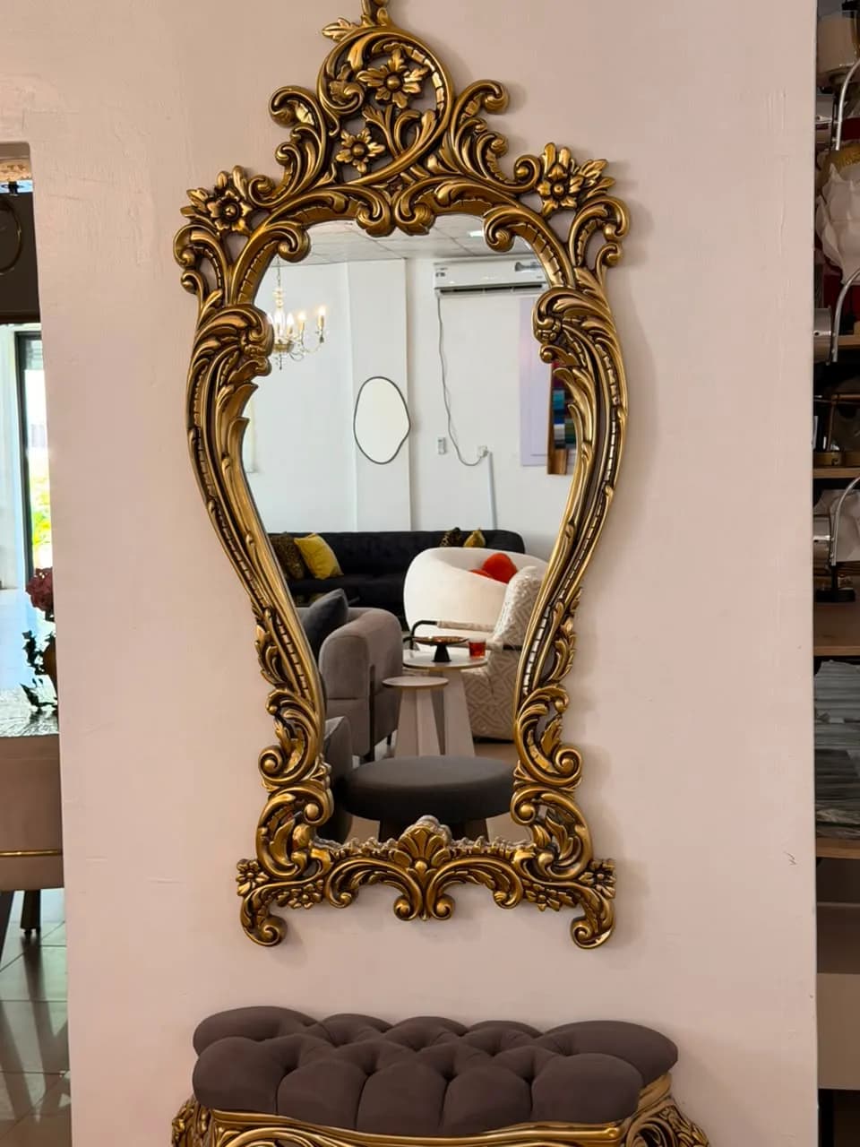 2-Piece Luxury Royal Baroque Set – Ornate Antique Gold Wall Mirror & Matching Tufted Bench — view 4