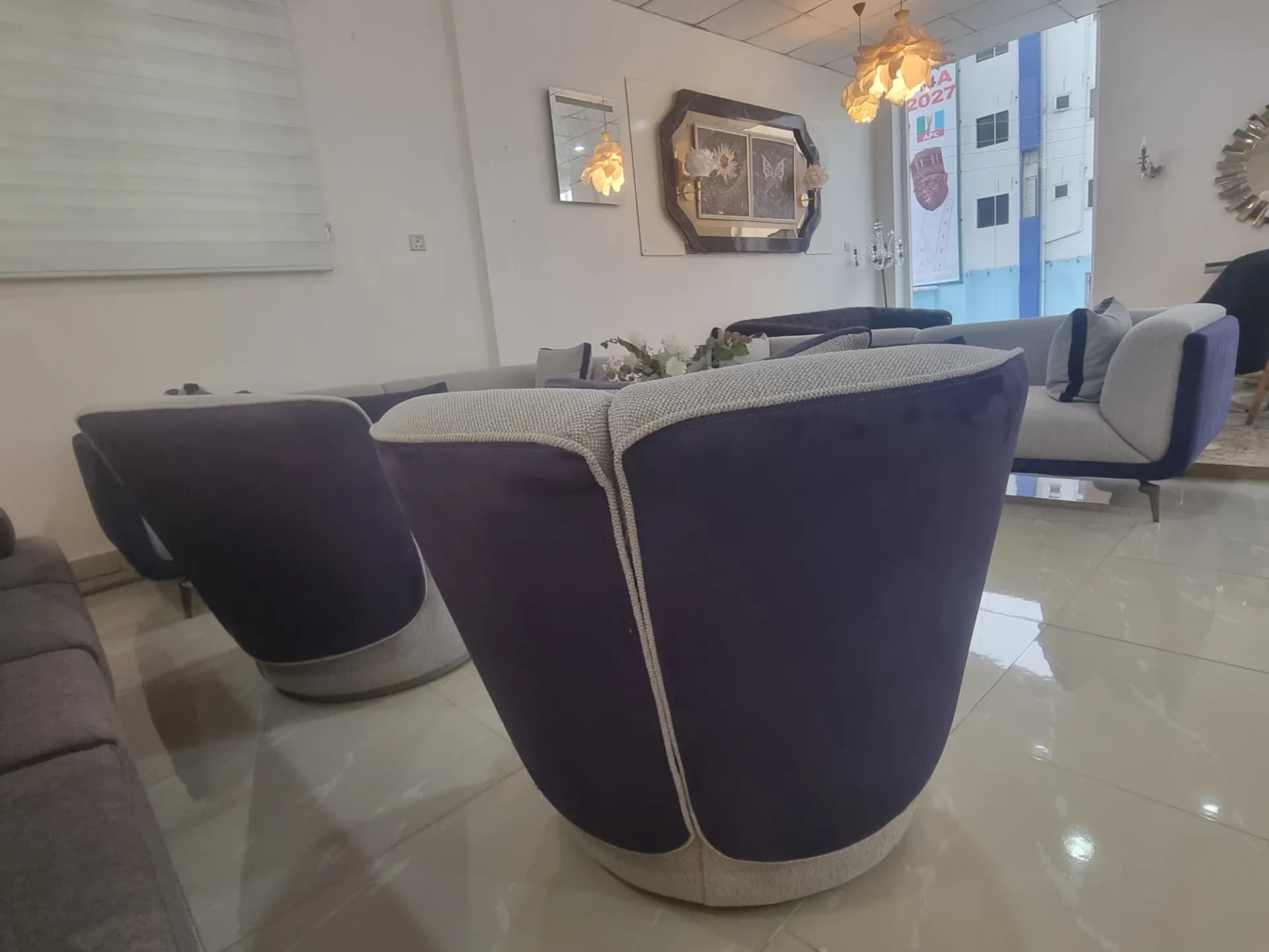 Executive Modern Curved Accent Armchair – Dual-Tone Grey & Deep Indigo — view 5