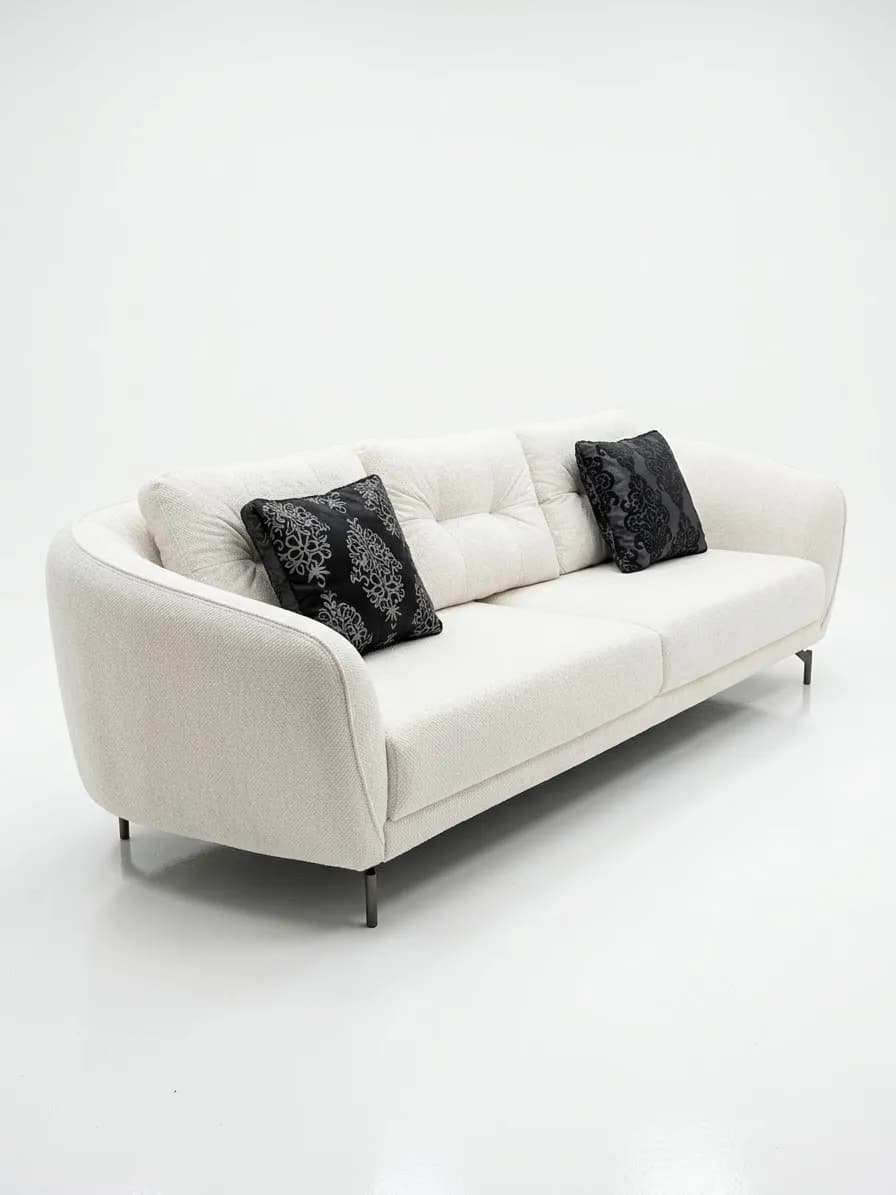 Ultra-Modern Curved 3-Seater Crescent Sofa in Off-White Textured Bouclé – Includes 2 Patterned Velvet Accent Pillows
